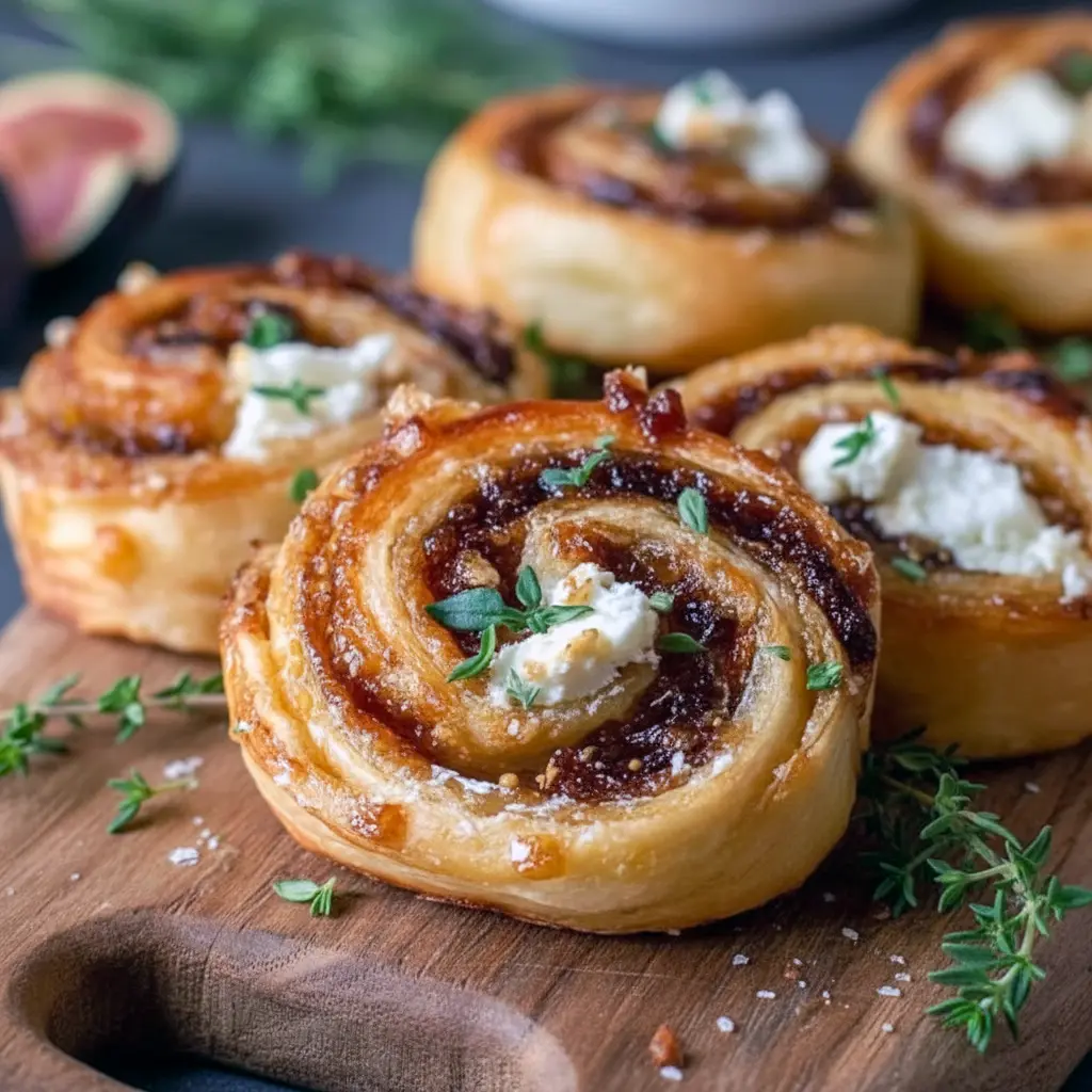 Close-up of golden pinwheels with fig jam and goat cheese on parchment, styled for a seasonal spread; ideal for Fall Veggie Appetizers, creative Savory Chocolate Appetizers pairings, elegant New Year's Eve Food Ideas, and hearty Vegetarian Party Food Ideas, Christmas Appetizers With Puff Pastry.