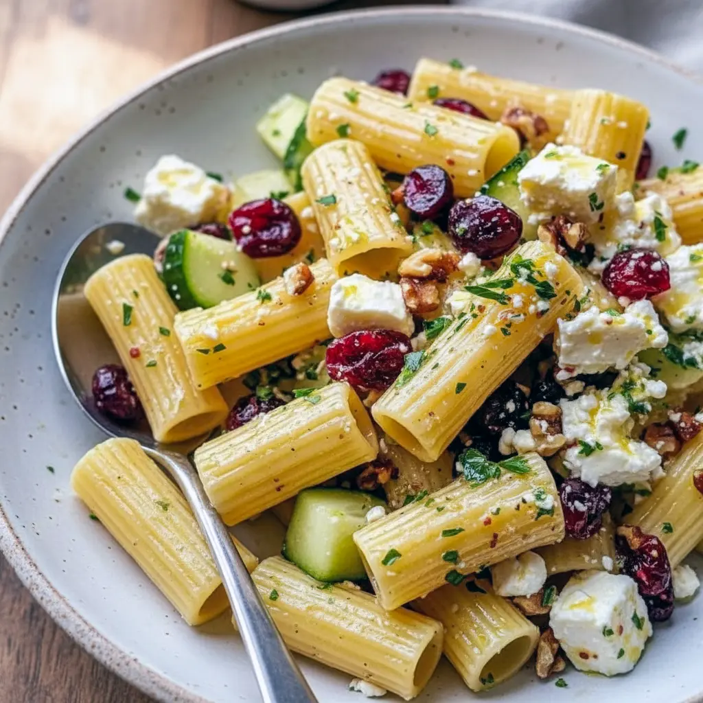 A bright bowl of Cranberry Feta Pasta Salad featuring rigatoni, feta, cranberries, and lemon vinaigrette — a refreshing option for Best Cold Dinner Ideas or Pasta Salad Appetizers.