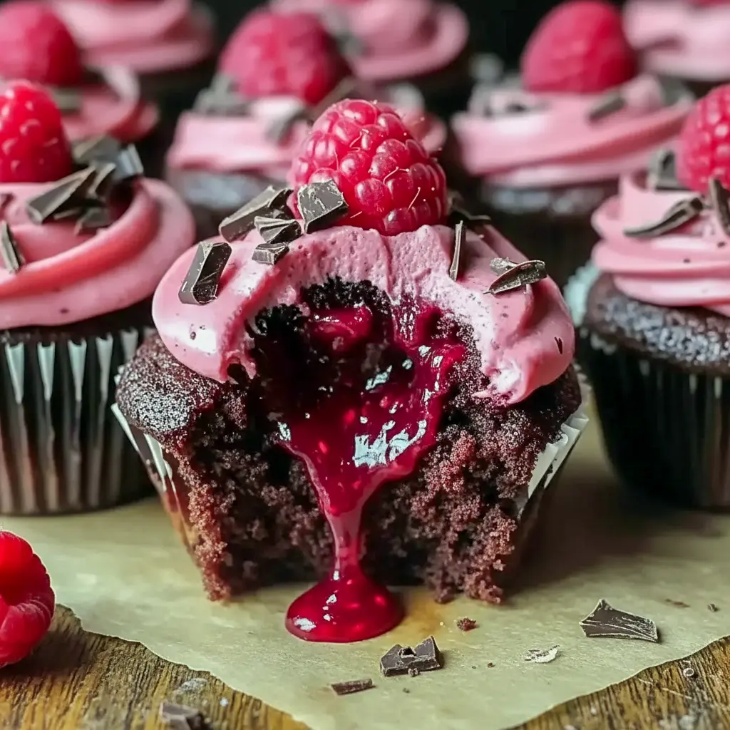 Molten raspberry-filled chocolate cupcakes topped with raspberry buttercream and a fresh raspberry, ideal for Valentines Dessert Ideas Fancy, decorated to inspire Chocolate Cupcake Decorations Ideas, perfect for fans of Desserts Raspberry, beautifully styled as Desserts Unique, great for Raspberry Cupcake Ideas, a stunning example of Cupcake Recipes Raspberry, resembling elegant Chocolate Berry Cupcakes, showcasing How To Make Chocolate Raspberry Cupcakes, and finished like Chocolate Cupcakes With Raspberry Sauce.