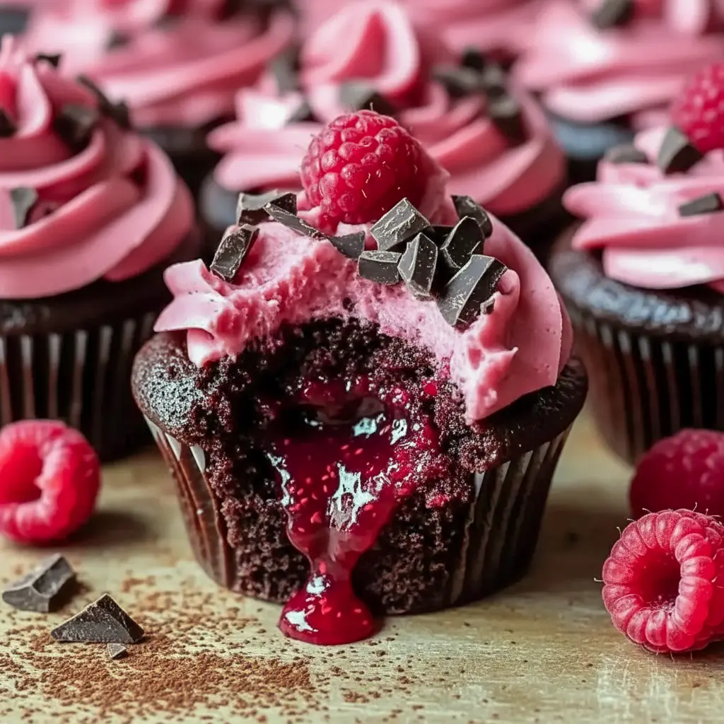 Molten raspberry-filled chocolate cupcakes topped with raspberry buttercream and a fresh raspberry, ideal for Valentines Dessert Ideas Fancy, decorated to inspire Chocolate Cupcake Decorations Ideas, perfect for fans of Desserts Raspberry, beautifully styled as Desserts Unique, great for Raspberry Cupcake Ideas, a stunning example of Cupcake Recipes Raspberry, resembling elegant Chocolate Berry Cupcakes, showcasing How To Make Chocolate Raspberry Cupcakes, and finished like Chocolate Cupcakes With Raspberry Sauce.