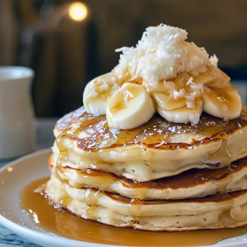 Coconut Cream Pancakes stacked on a plate, drizzled with syrup and topped with toasted coconut and fruit — a photo showcasing inventive Pancakes Flavors, ideal for Summer Pancake Recipes or winter comfort as Winter Pancakes, perfect inspiration for Breakfast Menus Ideas and All Day Breakfast, a tasty option for Healthy Ideas For Breakfast, with a nod to White Chocolate Pancakes and Southern Breakfast Recipes.