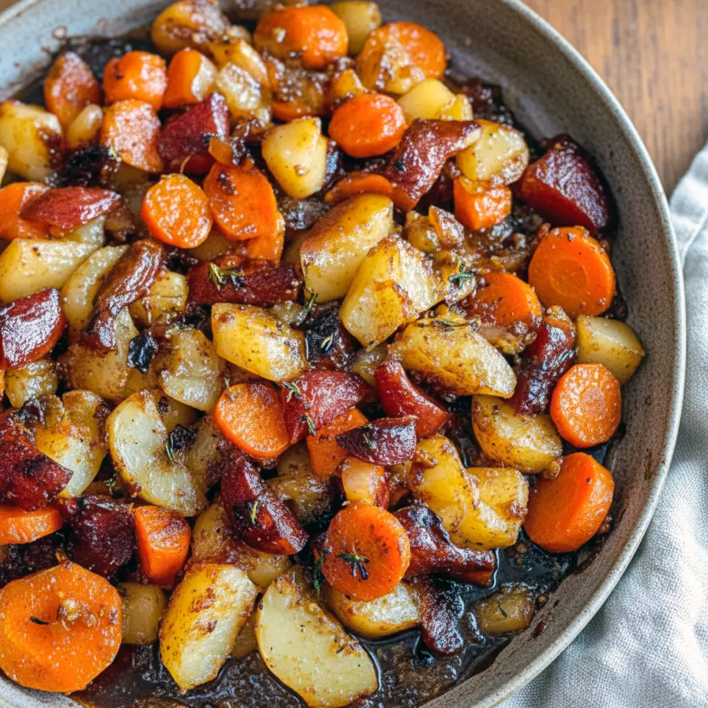 Close-up of glossy roasted apple and carrot slices on a platter, golden and caramelized — perfect Thanksgiving Dish.