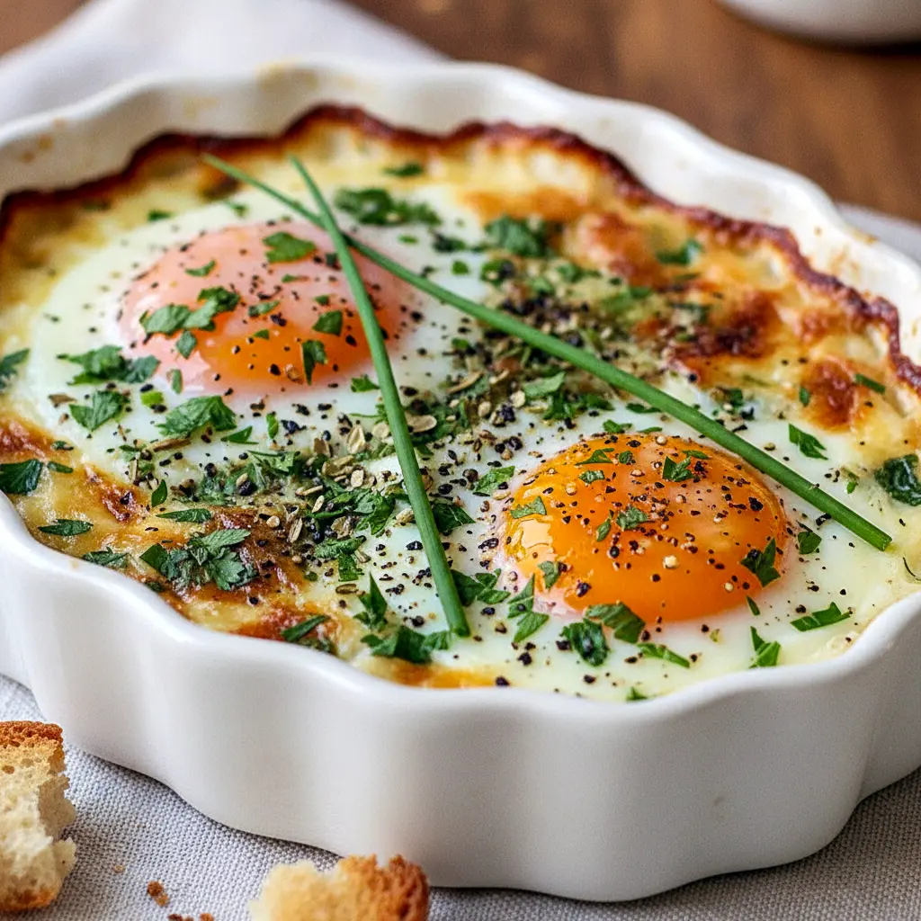 Two herbed baked eggs in ceramic ramekins with golden edges and melted Parmesan, a perfect Healthy Baked Egg Dish that can be scaled to a Baked Eggs In Casserole Dish or served as Baked Cottage Eggs; this Rustic Baked Egg Dish works as individual Baked Eggs Ramekin, ideal for a quick Little Lunch or warm Cooked Breakfast, and fits clean Breakfast Recipes Casserole and Recette Patisserie Facile menus.