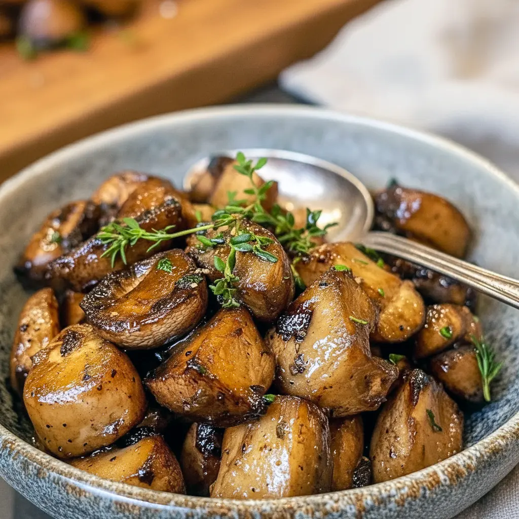 Skillet of golden-browned mushrooms glazed in herb-garlic butter, sprinkled with chopped parsley and ready to serve, Cowboy Mushrooms.