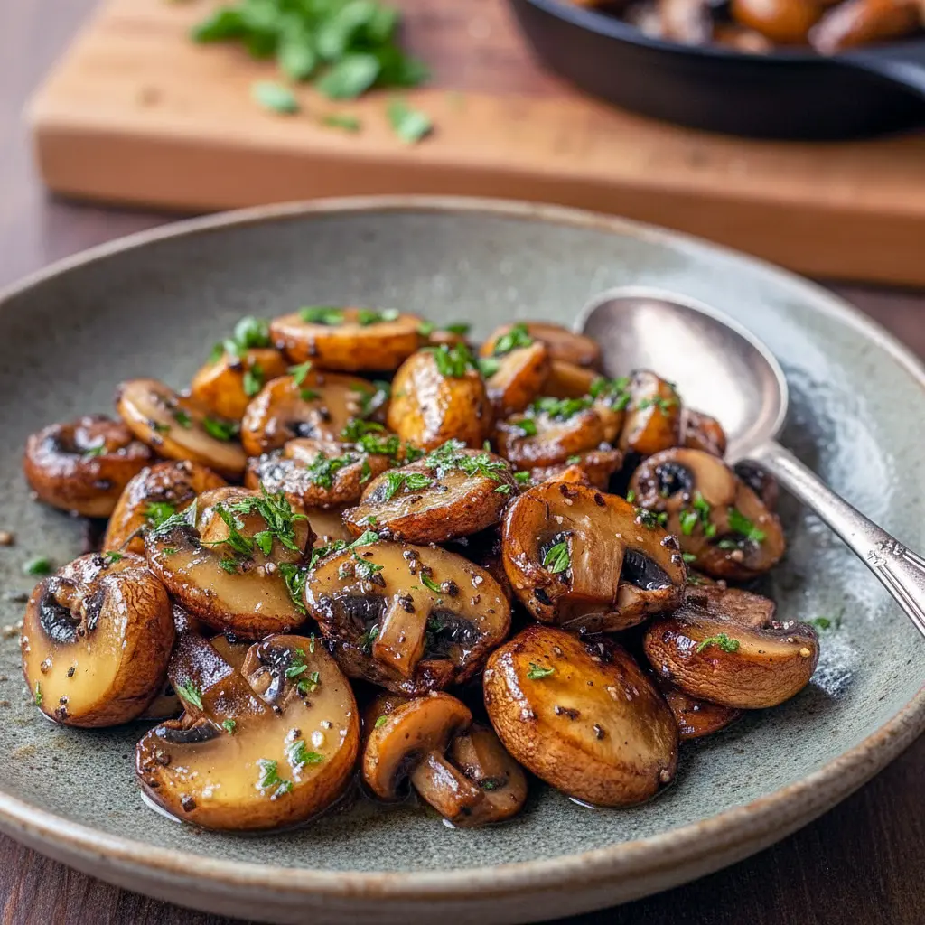 Skillet of golden-browned mushrooms glazed in herb-garlic butter, sprinkled with chopped parsley and ready to serve.