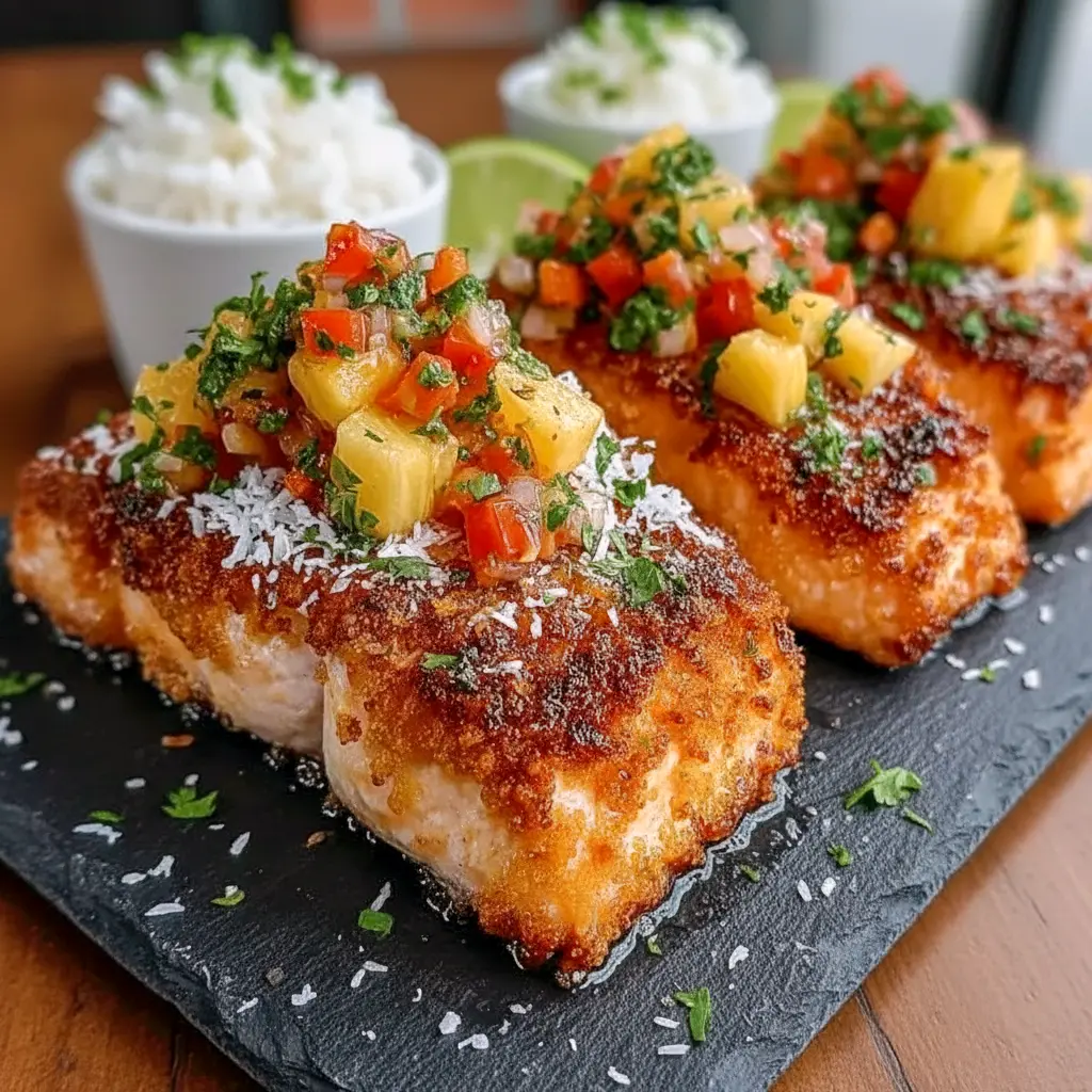 Close-up of a fillet from Salmon Recipes Pineapple collection — crisp crust and juicy fruit topping; plated like Baked Salmon With Pineapple Salsa, a photographed Salmon With Pineapple Salsa Recipe served with rice, finished with colorful Salmon With Tropical Salsa and a final spoon of Salmon With Pineapple Salsa.