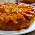 A moist and golden upside-down Caramel Apple Cake topped with glossy caramelized apples, styled like a cozy fall dessert inspired by a classic pineapple version, Pineapple Upside-down Cake With Apples.