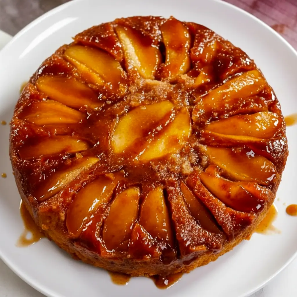 A moist and golden upside-down Caramel Apple Cake topped with glossy caramelized apples, styled like a cozy fall dessert inspired by a classic pineapple version, Pineapple Upside-down Cake With Apples.