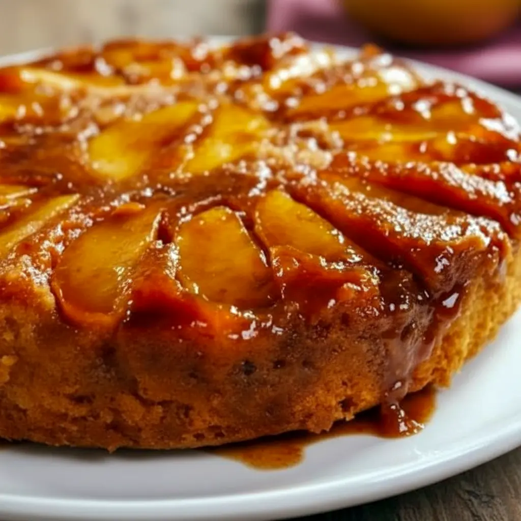 A moist and golden upside-down Caramel Apple Cake topped with glossy caramelized apples, styled like a cozy fall dessert inspired by a classic pineapple version, Pineapple Upside-down Cake With Apples.