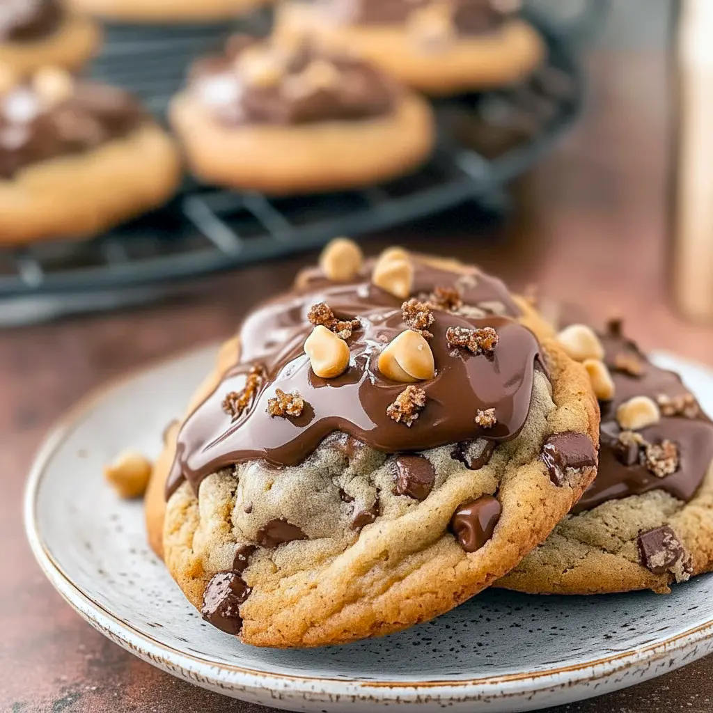 Stack of chunky chocolate-peanut butter pretzel cookies on a cooling rack, close-up, Chubby Hubby Cookies.