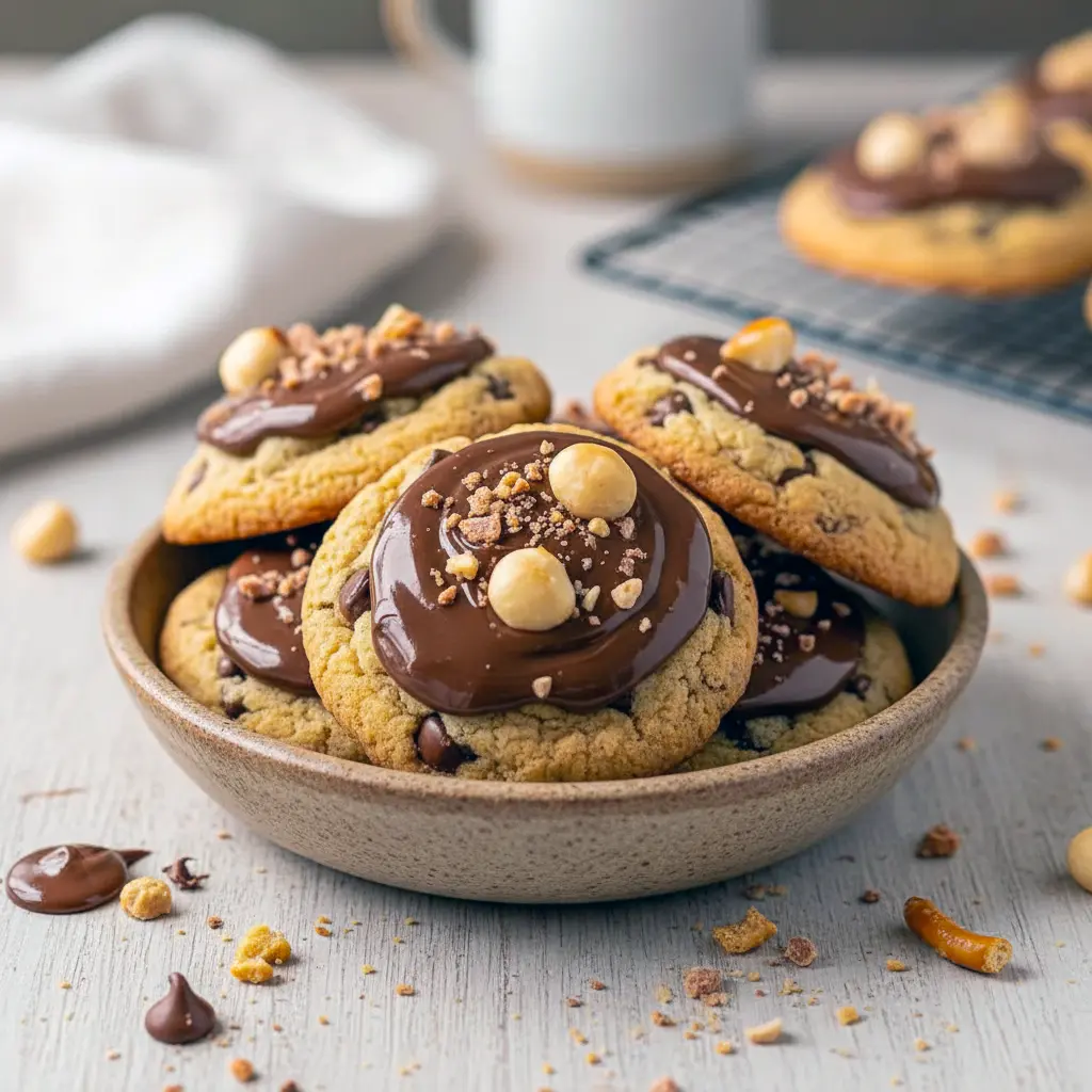 Stack of chunky chocolate-peanut butter pretzel cookies on a cooling rack, close-up, Chubby Hubby Cookies.