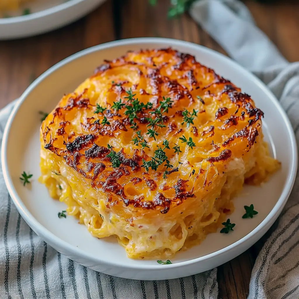 Cheesy Spaghetti Squash Au Gratin bubbling in a ceramic dish, topped with melted golden cheddar and a sprinkling of herbs.