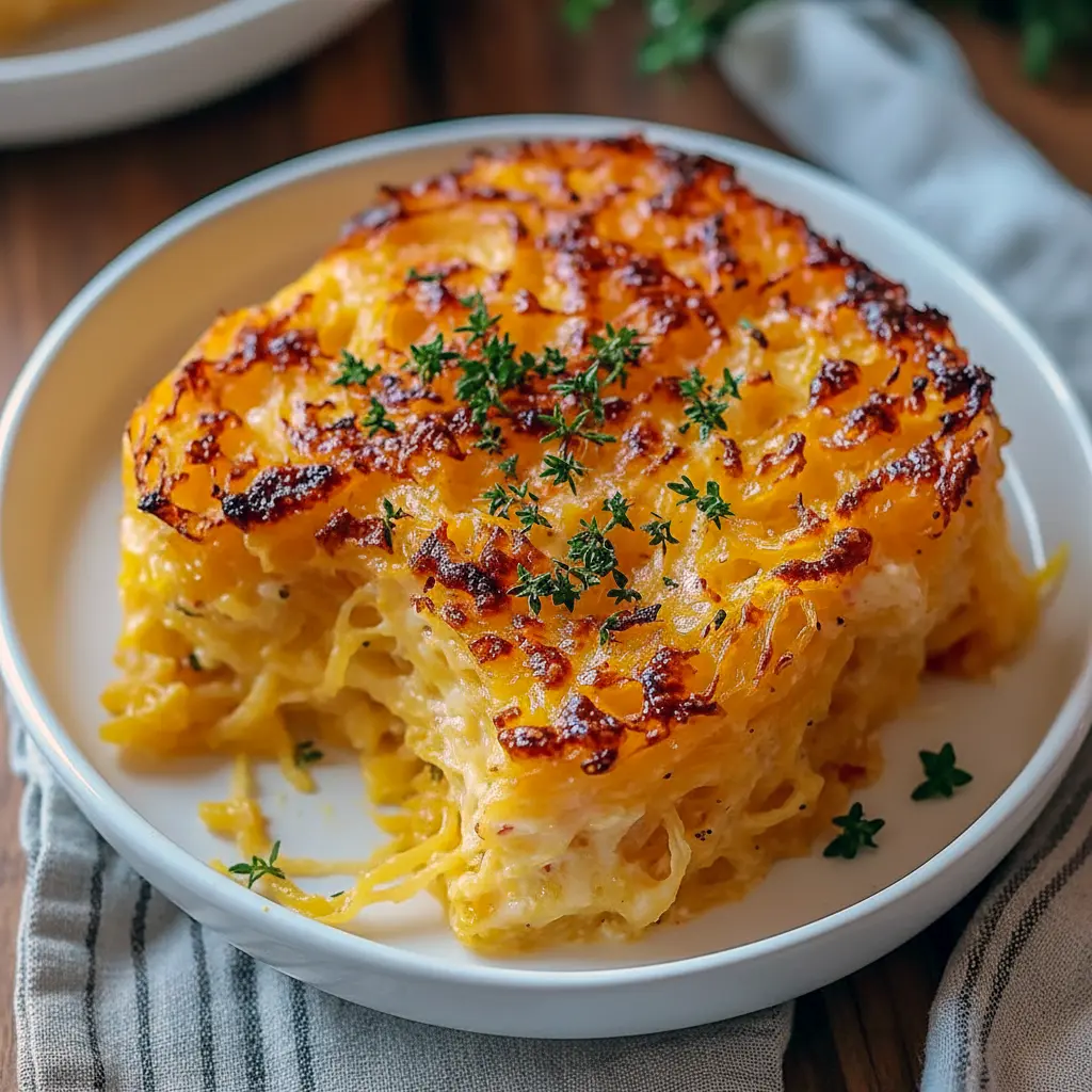 Cheesy Spaghetti Squash Au Gratin bubbling in a ceramic dish, topped with melted golden cheddar and a sprinkling of herbs.