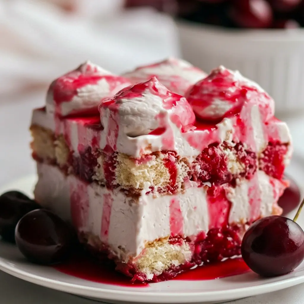 Close-up of cherry tiramisu showing syrupy ladyfingers and piped mascarpone — a visual Ladyfingers Recipe guide and quick hint on How To Make Cherry Tiramisu, Cherry Tiramisu Recipe.