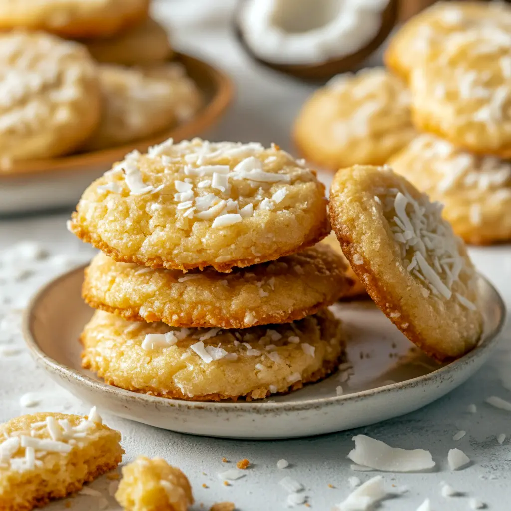 Plate of golden, chewy coconut cookies stacked and sprinkled with flakes — Cookies Recette, also brilliant as Cookie Bar Recipes.