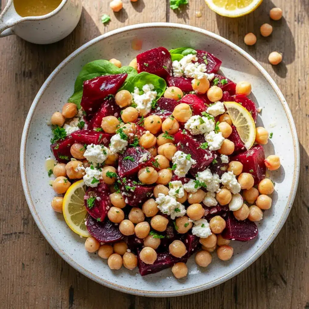 Chickpea, beet, and feta salad with lemon-garlic vinaigrette on a white plate, garnished with parsley.