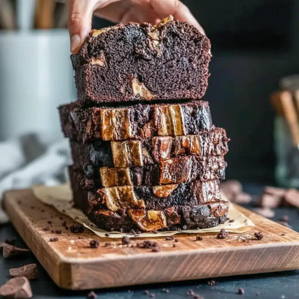 A sliced loaf of Espresso Banana Bread with a dark Chocolate Espresso swirl, topped with banana slices and melty chocolate chips — the ultimate Dessert Bread for coffee and banana lovers.