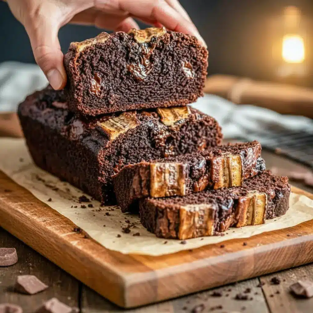 A sliced loaf of Espresso Banana Bread with a dark Chocolate Espresso swirl, topped with banana slices and melty chocolate chips — the ultimate Dessert Bread for coffee and banana lovers.