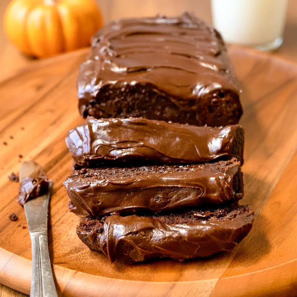 Moist chocolate pumpkin bread loaf sliced on a wooden board, showcasing a rich, dark crumb with chocolate chips — a cozy fall treat inspired by Pumpkin And Chocolate, perfect for fans of wholesome seasonal baking.
