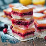 A plate of Christmas Fruit Bars with a golden shortbread base, tangy lemon topping, and ruby-red cranberry filling — the perfect Desserts With Fresh Cranberries for holiday gatherings.