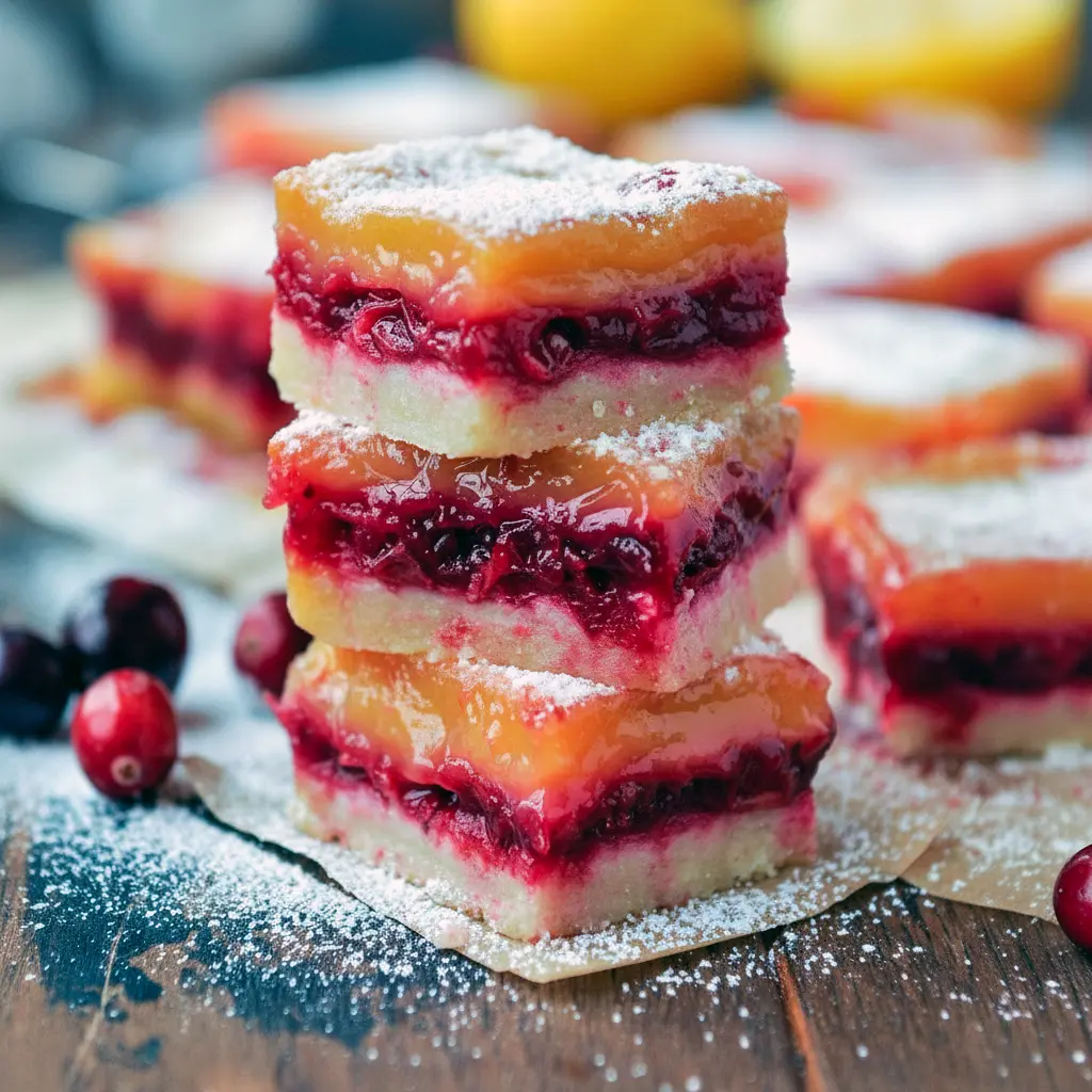 A plate of Christmas Fruit Bars with a golden shortbread base, tangy lemon topping, and ruby-red cranberry filling — the perfect Desserts With Fresh Cranberries for holiday gatherings.