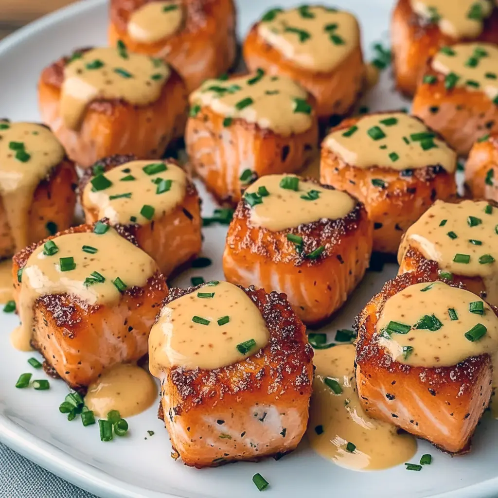 Golden-brown salmon cubes glazed with creamy sweet-chili sauce, garnished with lime wedges and green onion, Bang Bang Salmon Bites.