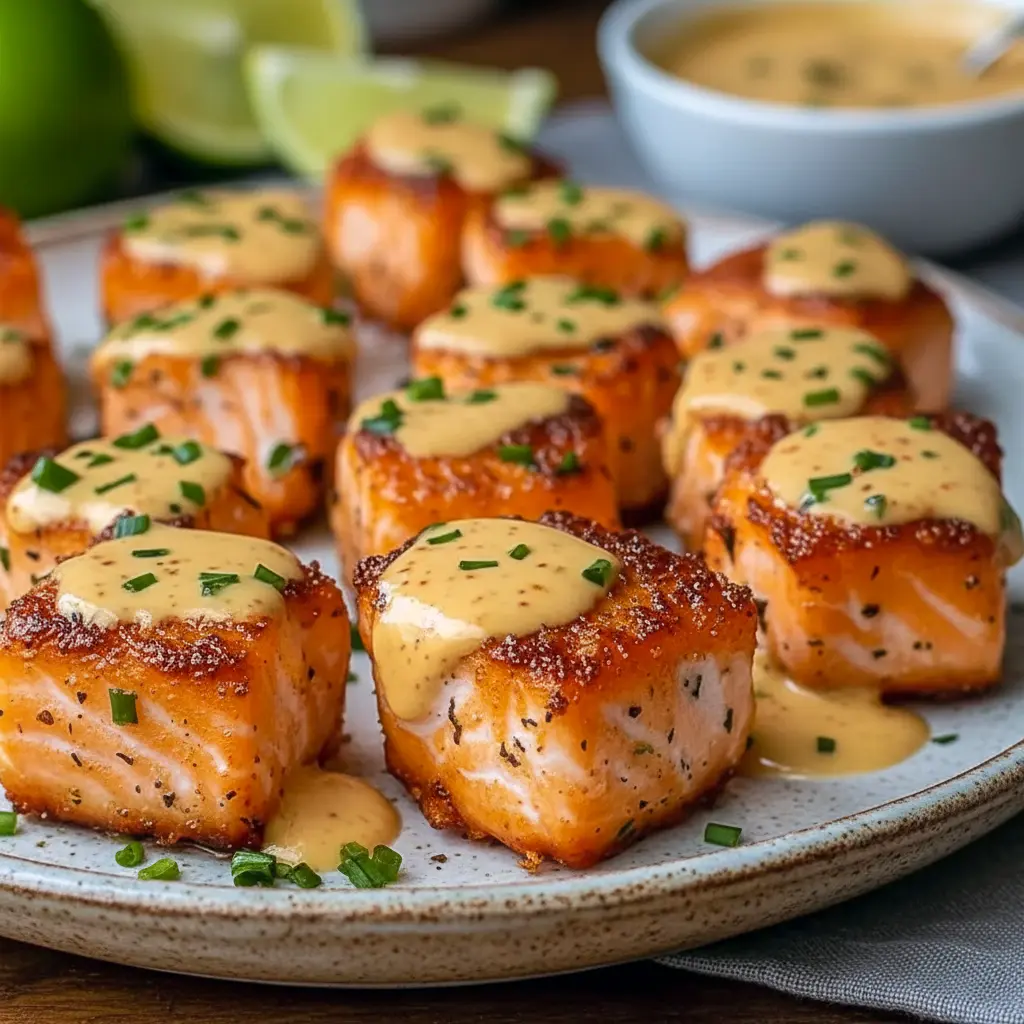Golden-brown salmon cubes glazed with creamy sweet-chili sauce, garnished with lime wedges and green onion, Bang Bang Salmon Bites.