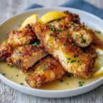 Plate of golden, crunchy Crispy Chicken with lemon and herbs — a top Crispy Chicken Recipes pick for simple Weeknight Meals, excellent as a Chicken Dinner or transformed into a comforting Cheesy Casserole; the slices stay Juicy Chicken, and the post shows How To Cook Chicken plus more Chicken Dishes Recipes.