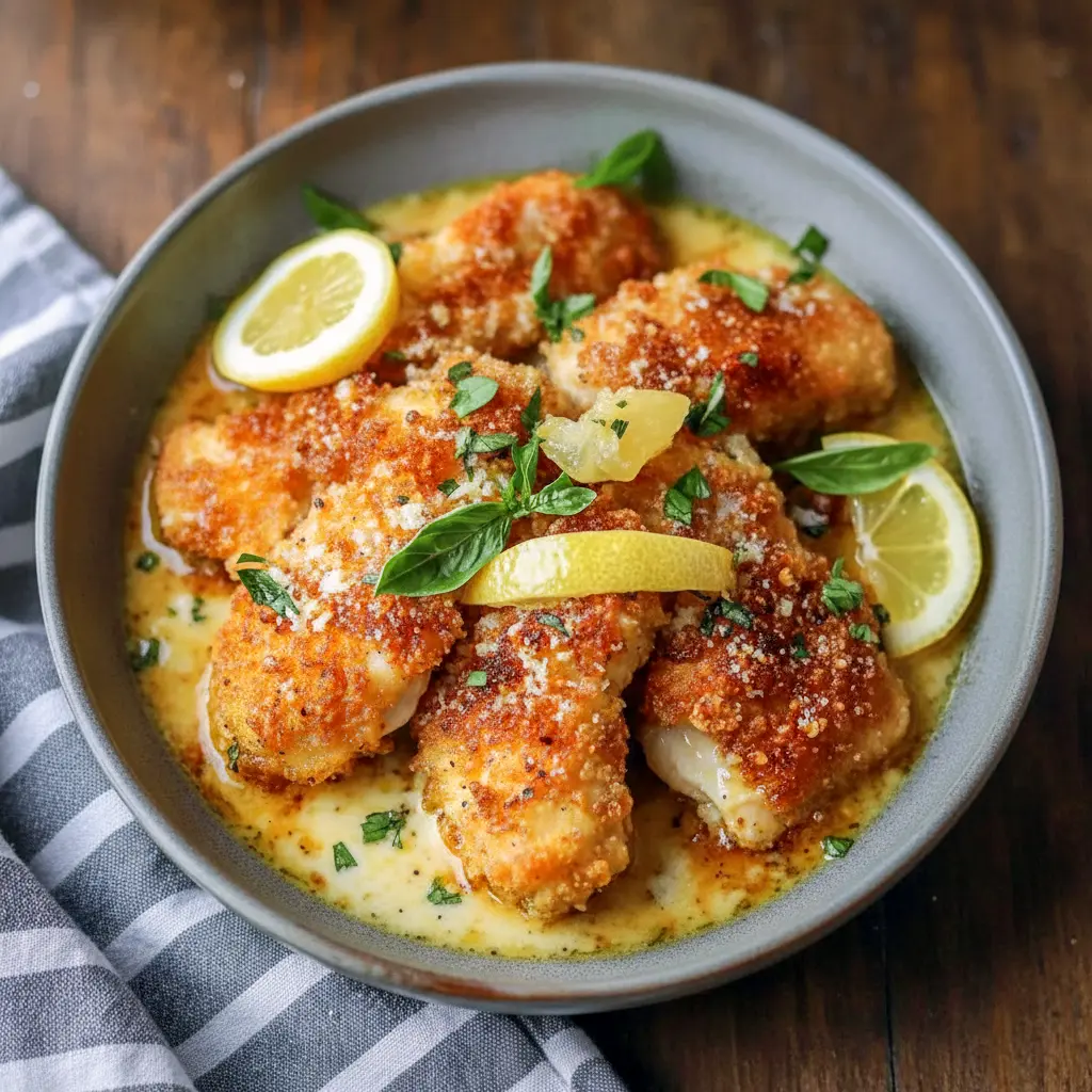 Plate of golden, crunchy Crispy Chicken with lemon and herbs — a top Crispy Chicken Recipes pick for simple Weeknight Meals, excellent as a Chicken Dinner or transformed into a comforting Cheesy Casserole; the slices stay Juicy Chicken, and the post shows How To Cook Chicken plus more Chicken Dishes Recipes.