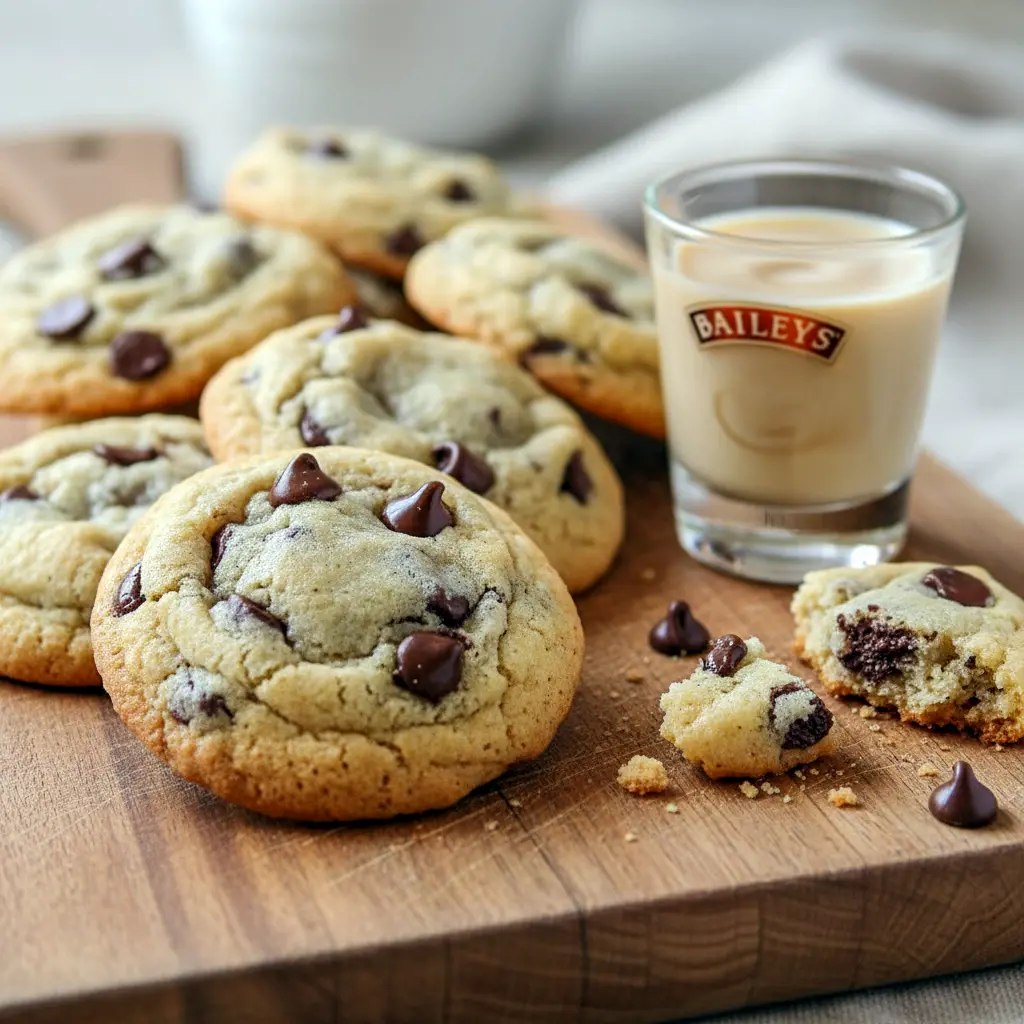Baileys Cookies Recipe on a rustic plate: stacked Irish Chocolate Chip Cookies with gooey chips and a light glaze, a perfect idea for What To Make With Baileys Irish Cream and a must-pin for Baileys Baking Recipes; picture also evokes Bavarian Cream Cookies or simple Bailey Cookies, standing apart from Hennessy Cookies, and fits right into Irish Recipes Desserts and go-to Recipes With Baileys collections.