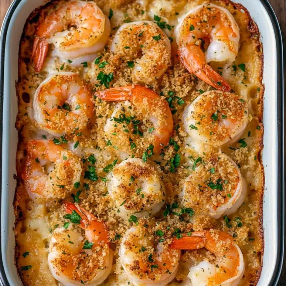 Baked Stuffed Shrimp Casserole on a white serving dish with golden breadcrumb crust, styled as a top Shrimp Dishes For A Crowd option and cozy Seafood Dinners For Two, shown with complementary Side Dishes With Shrimp — the perfect answer to What Can I Make With Shrimp thanks to savory Shrimp Stuffing in this classic Stuffed Shrimp Casserole, a must-try from the list of Best Shrimp Recipes For Dinner with a touch of Seafood Casserole Pioneer Woman charm.