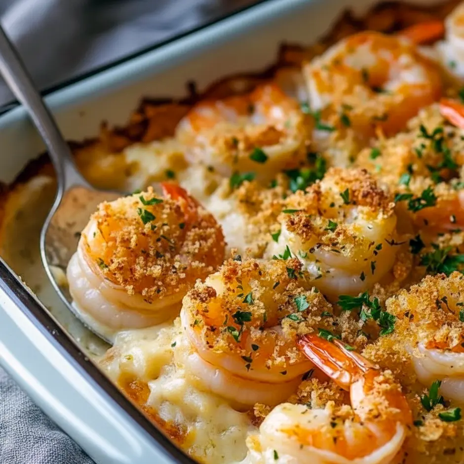 Baked Stuffed Shrimp Casserole on a white serving dish with golden breadcrumb crust, styled as a top Shrimp Dishes For A Crowd option and cozy Seafood Dinners For Two, shown with complementary Side Dishes With Shrimp — the perfect answer to What Can I Make With Shrimp thanks to savory Shrimp Stuffing in this classic Stuffed Shrimp Casserole, a must-try from the list of Best Shrimp Recipes For Dinner with a touch of Seafood Casserole Pioneer Woman charm.