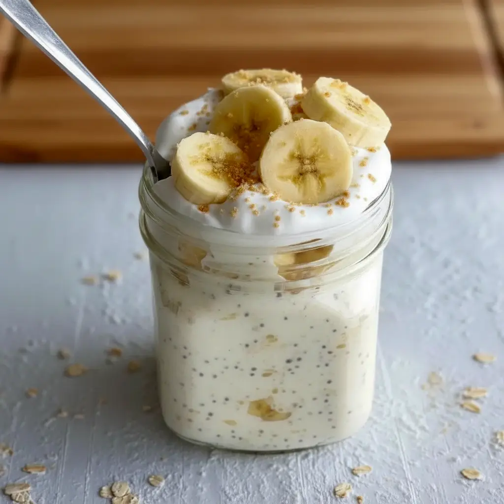 Close-up of a mason jar filled with layered Banana Cream Pie Overnight Oats, showing creamy yogurt and mashed banana with a graham cracker crumble — a dreamy Overnight Oatmeal With Yogurt that's an Overnight Oats Recipe Easy to prep and a serious candidate for the Best Overnight Oats Recipe; styled as one of my favorite Oat Recipes Healthy and an Overnight Oats Recipe Healthy grab-and-go Overnight Oatmeal, inspired by Banana Cream Pie and perfect for Breakfast Meal Prep.