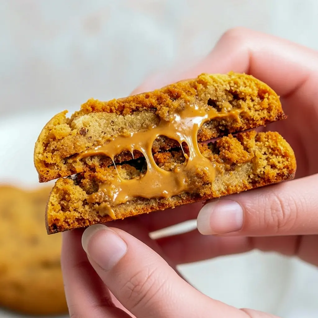 Warm, cracked Biscoff cookie showing a gooey molten cookie-butter center on parchment paper, golden edges and crumbs visible, Biscoff Lava Cookie.