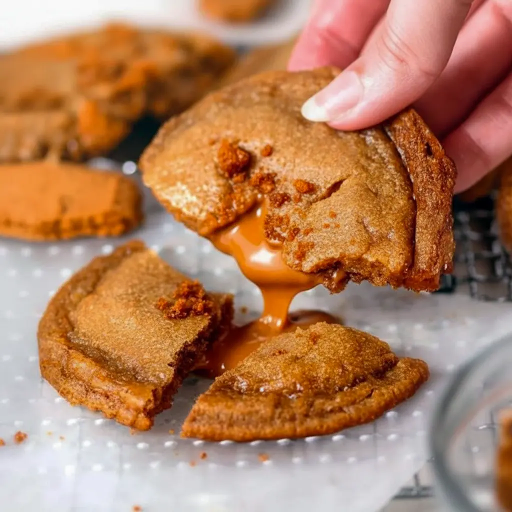 Warm, cracked Biscoff cookie showing a gooey molten cookie-butter center on parchment paper, golden edges and crumbs visible, Biscoff Lava Cookie.