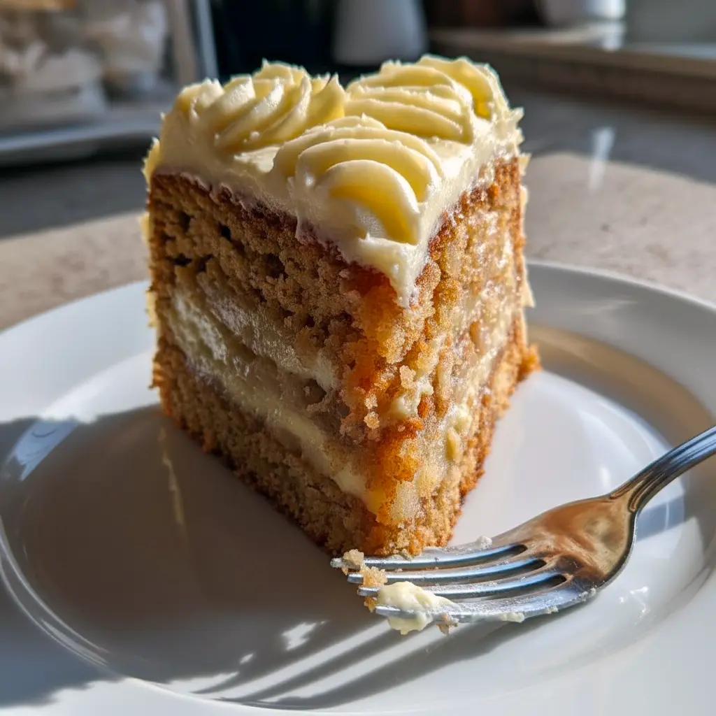 Best Apple Cake Ever slice with creamy frosting, grated apples peeking through, and a dusting of cinnamon on a white plate.