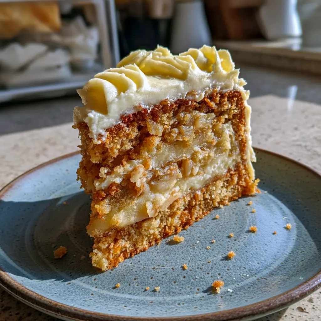 Best Apple Cake Ever slice with creamy frosting, grated apples peeking through, and a dusting of cinnamon on a white plate.