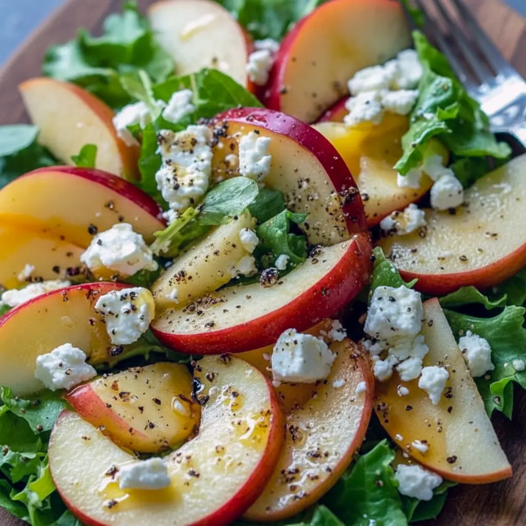 Close-up of a Honeycrisp apple and feta salad — arugula, thin apple slices, pomegranate seeds, candied pecans and crispy prosciutto, all drizzled with apple-cider vinaigrette, Fresh Salad Recipes.