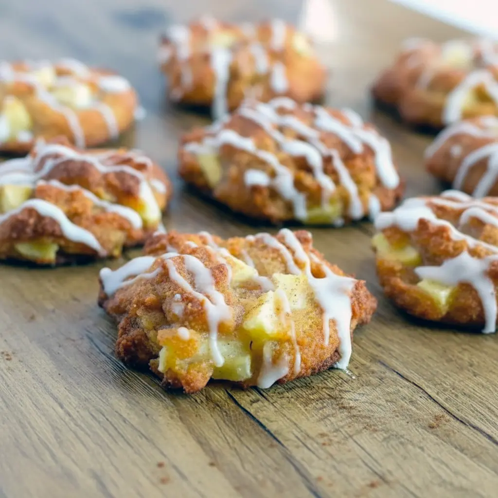Close-up of a glazed keto apple fritter cookies sprinkled with cinnamon sugar and tiny apple pieces on a cooling rack.