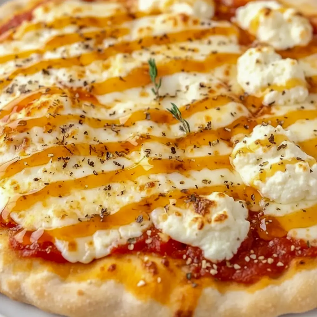 Specialty Pizza Recipes — hot honey-drizzled pizza with ricotta dollops, melted cheese, basil, and a golden, blistered crust.