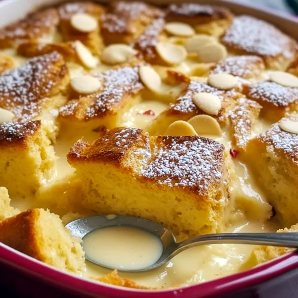 Slice of warm eggnog-soaked bread pudding on a white plate, drizzled with caramel sauce and dusted with powdered sugar, garnished with a sprinkle of nutmeg, Homemade Eggnog Bread Pudding.
