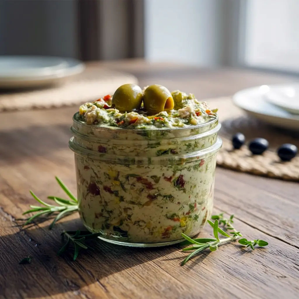 Close-up of a creamy green olive and feta spread on toasted crostini, garnished with olive oil and herbs, Olive Cream Cheese Dip.