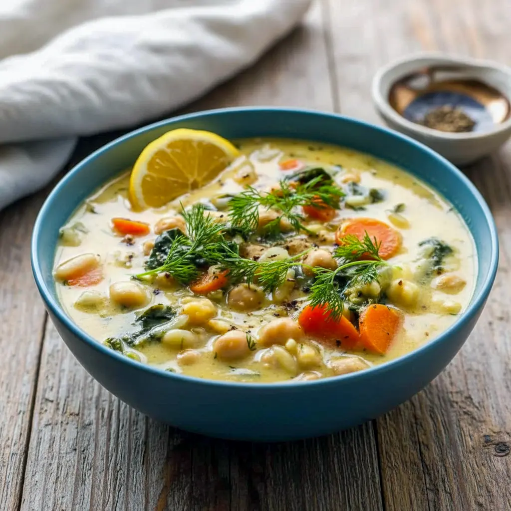 Gold bowl of lemon chickpea-orzo soup garnished with fresh dill and lemon — a bright, comforting bowl inspired by Greek Recipes, Vegetarian Soup Recipes.