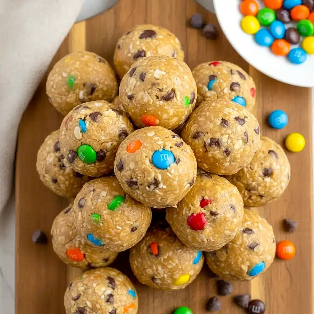 The Best Energy Balls stacked on parchment with visible mini chocolate chips and colorful M&Ms — a tempting Monster Cookie snack.