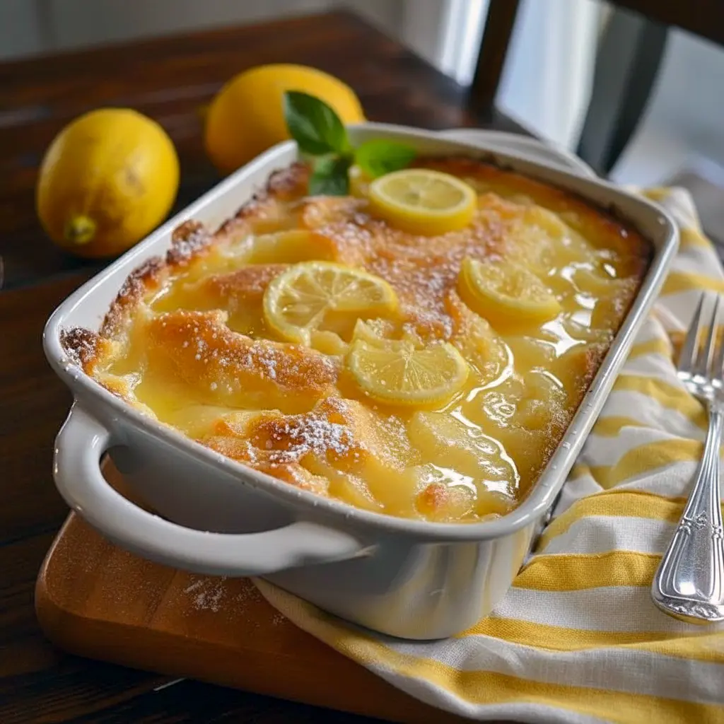 Magic Lemon Cobbler — close-up of a golden square of lemon cobbler with glossy lemon filling, a dusting of powdered sugar, and a melting scoop of vanilla ice cream on the side.