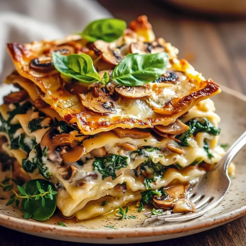 A square of bubbling mushroom and spinach lasagna on a white plate, showing layers of ricotta, sautéed mushrooms, wilted spinach and melted cheese, garnished with basil, Mushrooms And Spinach.