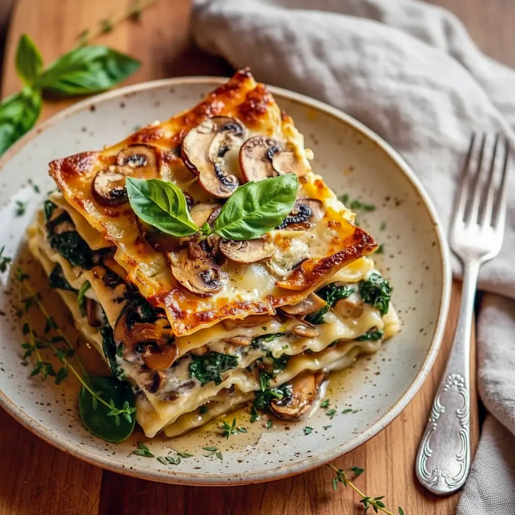 A square of bubbling mushroom and spinach lasagna on a white plate, showing layers of ricotta, sautéed mushrooms, wilted spinach and melted cheese, garnished with basil.