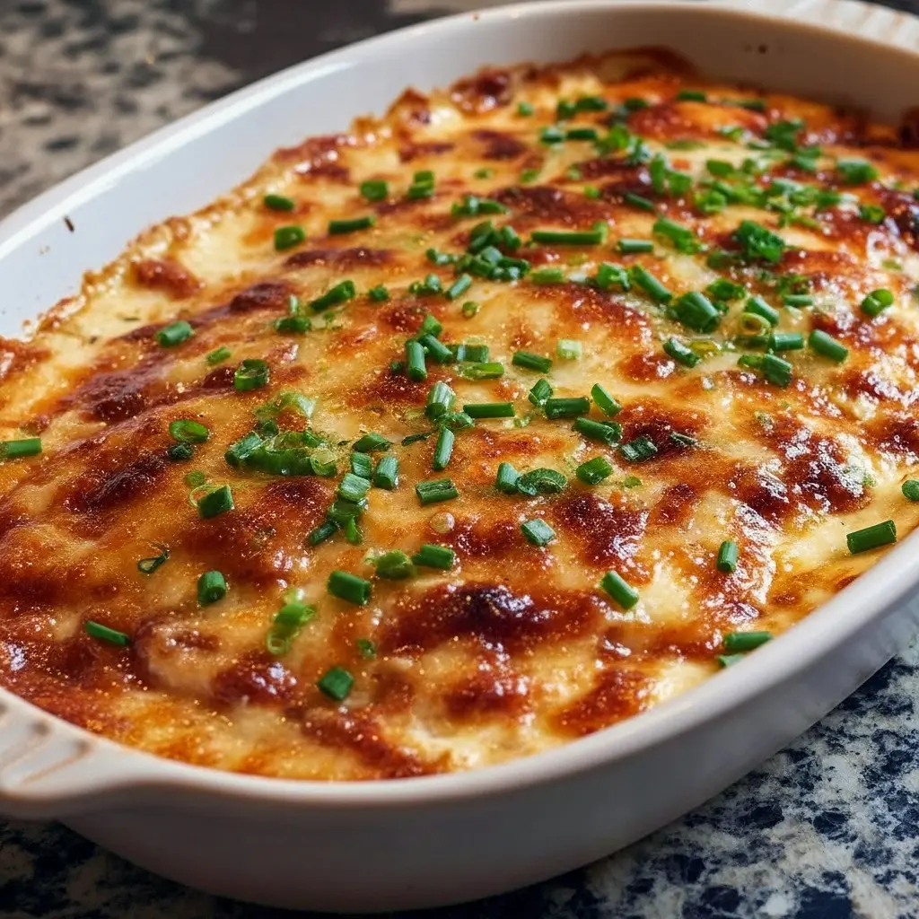 Golden, bubbling smoked-Gouda dip topped with caramelized onions in a baking dish — a top pick for Winter Dip Recipes, ideal among Savory Party Dips, shown with crusty bread for Dips For Sour Dough Bread and small toasts for Gouda Bites, Gouda Cheese Dip Recipes.