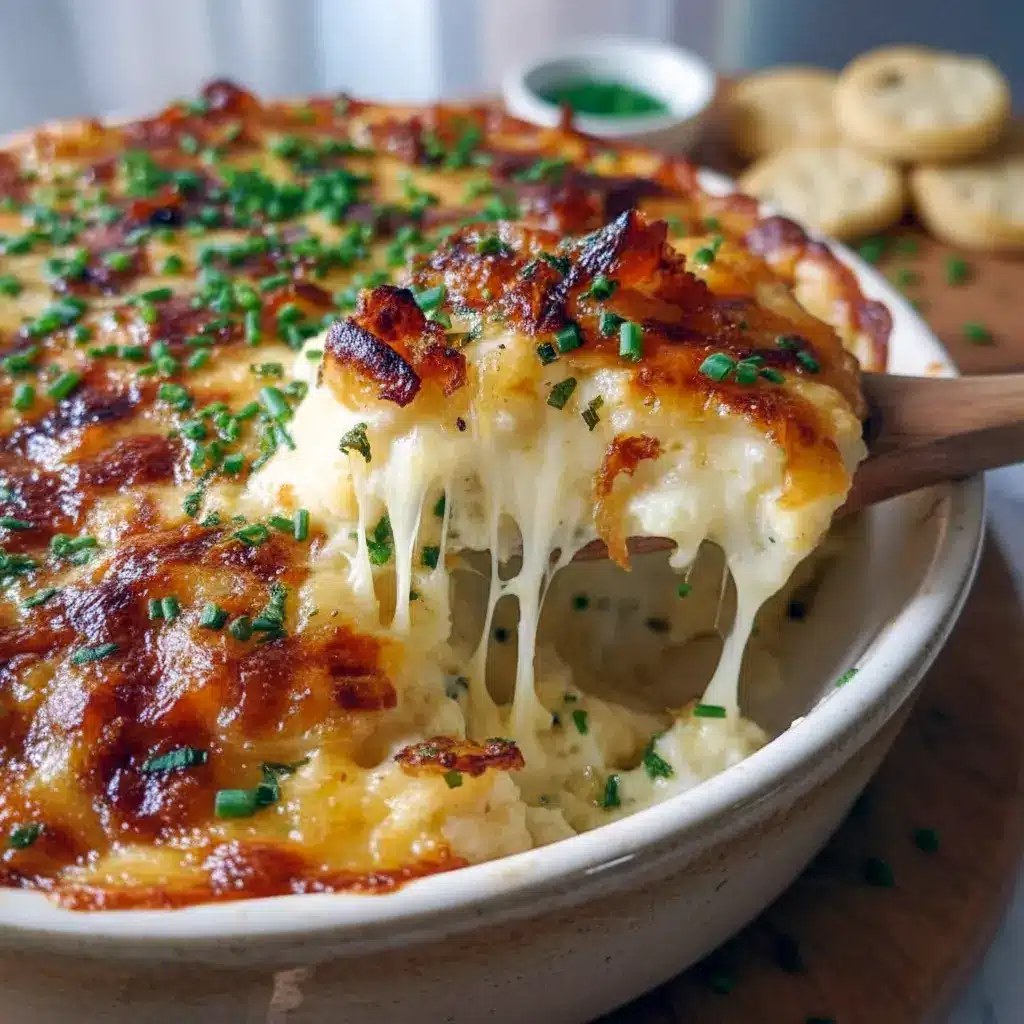 Golden, bubbling smoked-Gouda dip topped with caramelized onions in a baking dish — a top pick for Winter Dip Recipes, ideal among Savory Party Dips, shown with crusty bread for Dips For Sour Dough Bread and small toasts for Gouda Bites, Gouda Cheese Dip Recipes.