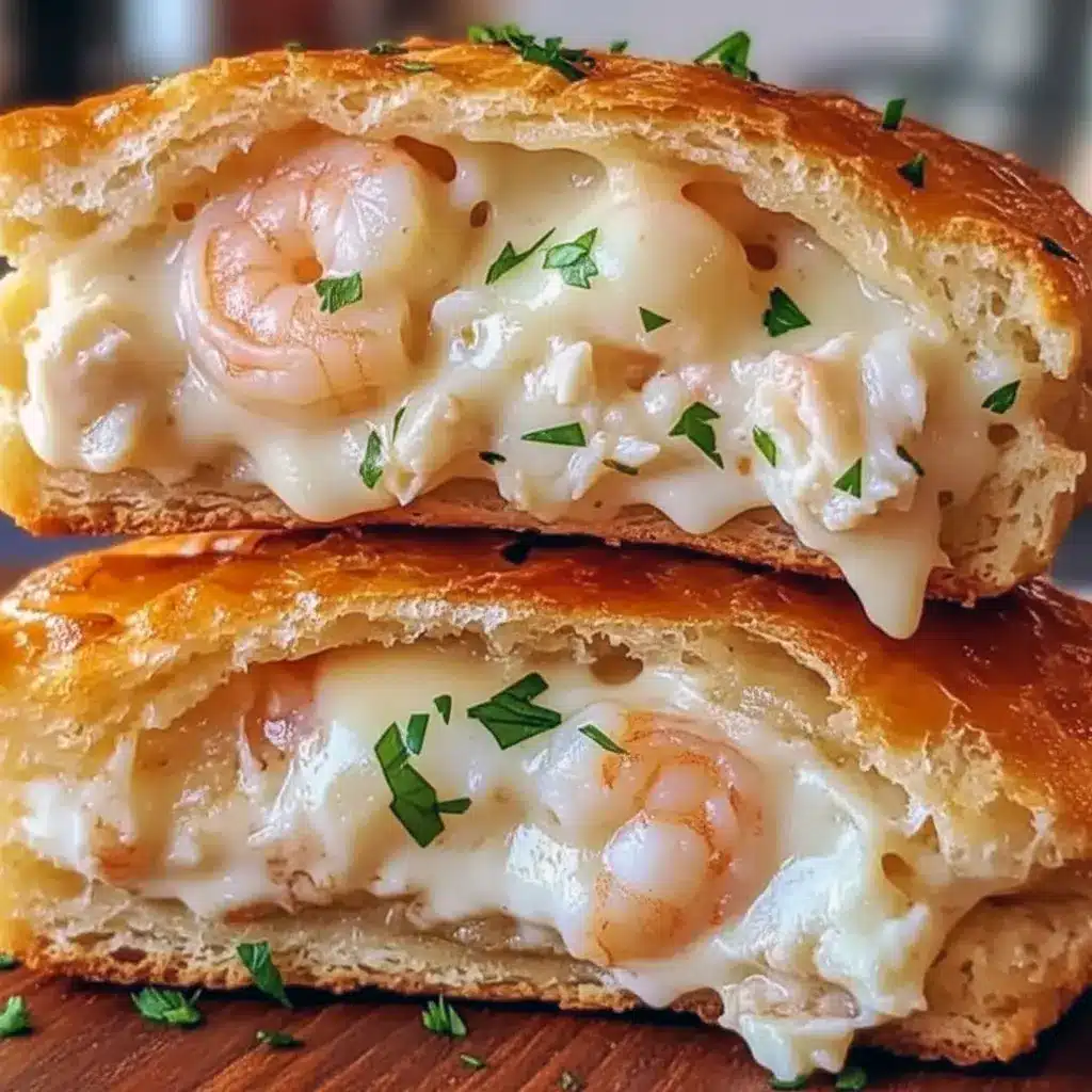 Golden brown Shrimp And Crab Biscuit Melts on a baking tray, filled with creamy shrimp and crab mixture, brushed with melted butter, and topped with parsley — the perfect Easy Party Entrees For A Crowd.